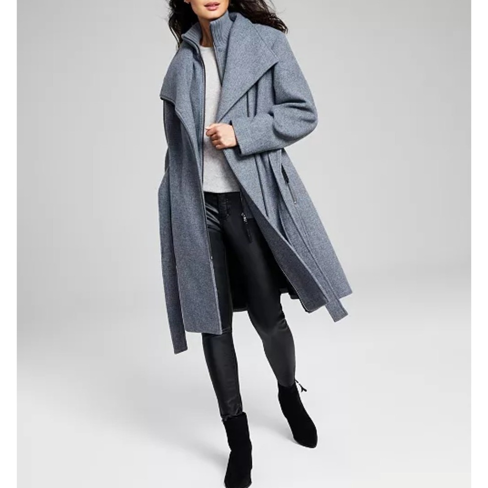 Calvin Klein Grey Women's Wool Blend Angled Twill Wrap Belted Coat Size XS - Picture 3 of 15